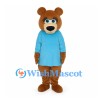 Bear Mascot Costume in Brown with Blue Shirt