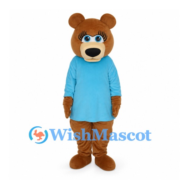 Bear Mascot Costume in Brown with Blue Shirt