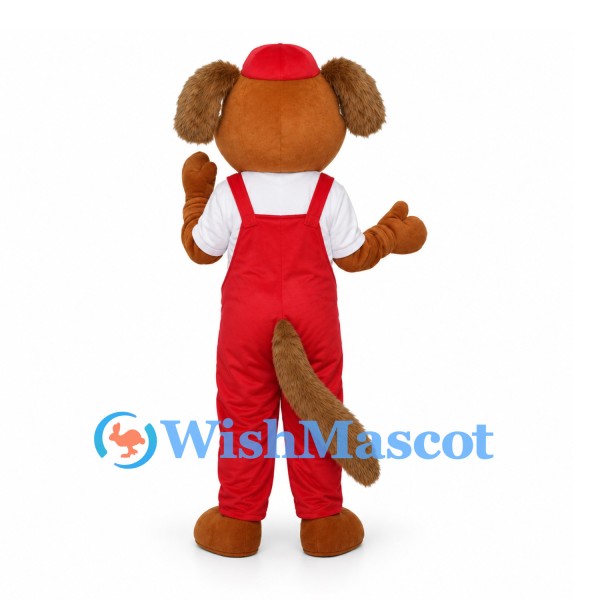 Dog Mascot Costume with Red Overalls and Cap