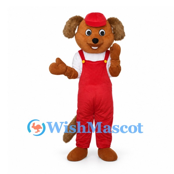 Dog Mascot Costume with Red Overalls and Cap