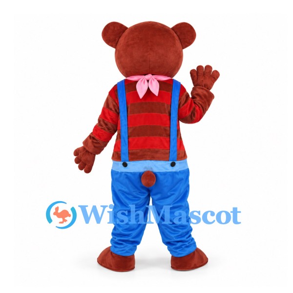 Bear Mascot Costume with Red Striped Shirt and Blue Overalls