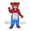Bear Mascot Costume with Red Striped Shirt and Blue Overalls