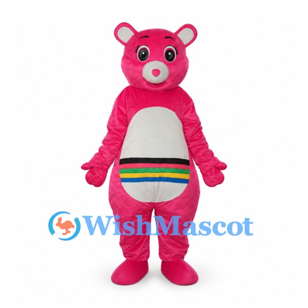 Bear Mascot Costume in Pink with Rainbow Belly Stripes