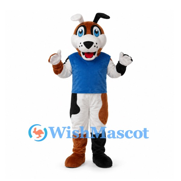 Dog Mascot Costume with Brown and Black Patches and Blue Shirt