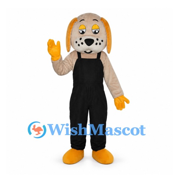 Dog Mascot Costume in Beige with Black Overalls