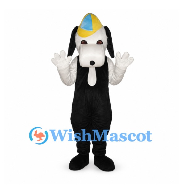 Dog Mascot Costume in Black and White with Yellow and Blue Cap