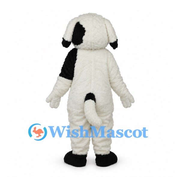 Dog Mascot Costume in White with Black Patches and Fluffy Fur