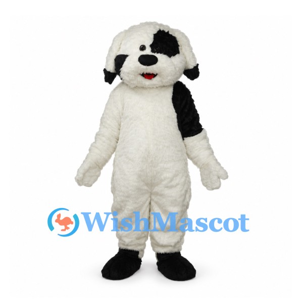 Dog Mascot Costume in White with Black Patches and Fluffy Fur