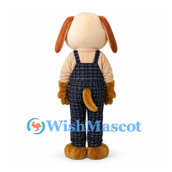 Dog Mascot Costume in Beige with Dark Checkered Overalls