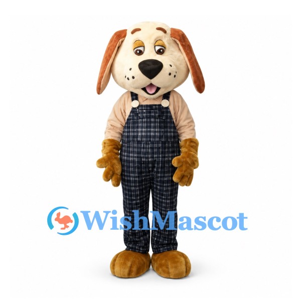 Dog Mascot Costume in Beige with Dark Checkered Overalls