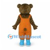 Bear Mascot Costume in Brown with Orange Overalls and Blue Shoes