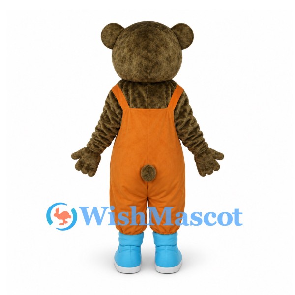 Bear Mascot Costume in Brown with Orange Overalls and Blue Shoes