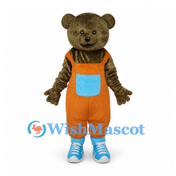 Bear Mascot Costume in Brown with Orange Overalls and Blue Shoes