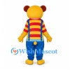 Bear Mascot Costume in Yellow with Striped Shirt and Blue Overalls