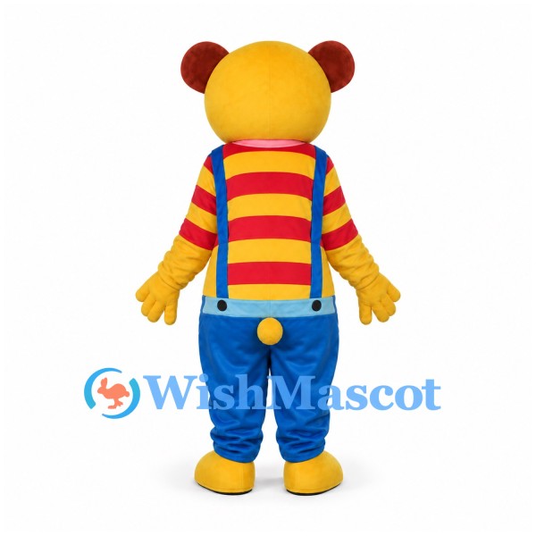Bear Mascot Costume in Yellow with Striped Shirt and Blue Overalls
