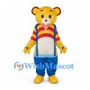 Bear Mascot Costume in Yellow with Striped Shirt and Blue Overalls
