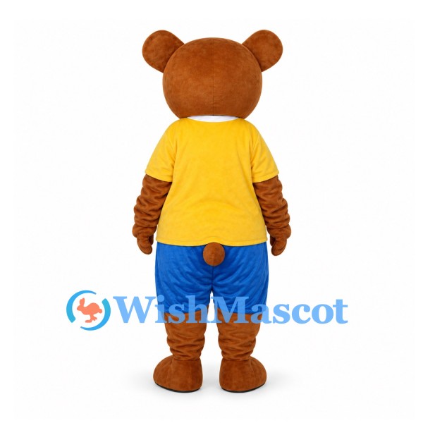 Bear Mascot Costume with Yellow Shirt and Blue Shorts