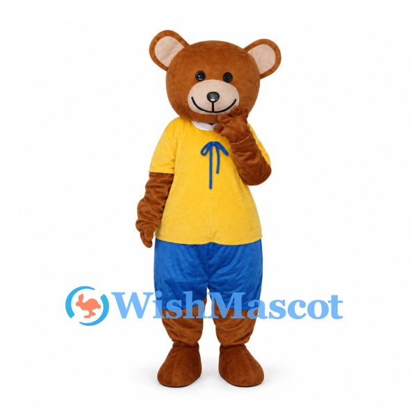 Bear Mascot Costume with Yellow Shirt and Blue Shorts