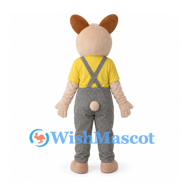 Rabbit Mascot Costume with Yellow Shirt and Checkered Overalls