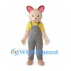 Rabbit Mascot Costume with Yellow Shirt and Checkered Overalls