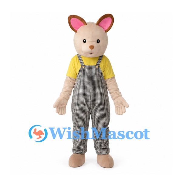 Rabbit Mascot Costume with Yellow Shirt and Checkered Overalls