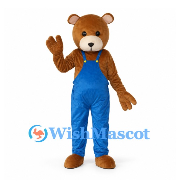 Bear Mascot Costume in Brown with Blue Overalls
