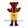 Bear Mascot Costume in Burgundy with Yellow Shorts and Suspenders