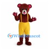 Bear Mascot Costume in Burgundy with Yellow Shorts and Suspenders