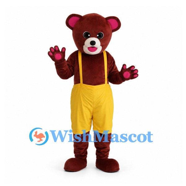 Bear Mascot Costume in Burgundy with Yellow Shorts and Suspenders