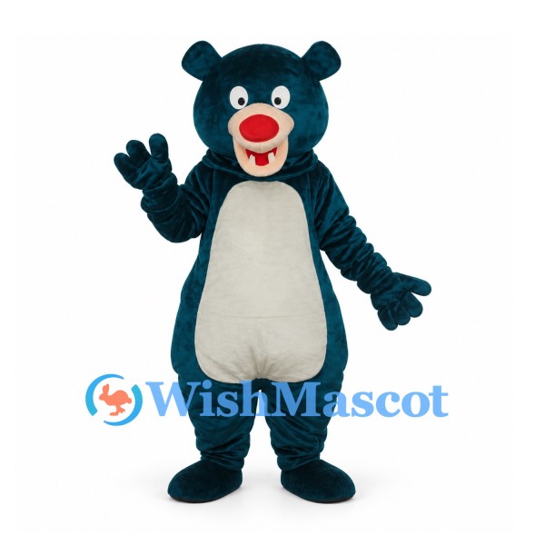 Bear Mascot Costume in Dark Teal with White Belly and Red Nose