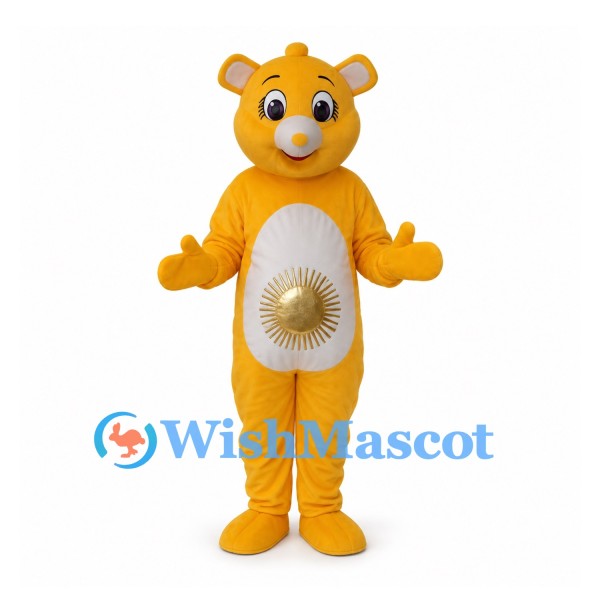 Bear Mascot Costume in Yellow with Sun Belly Emblem