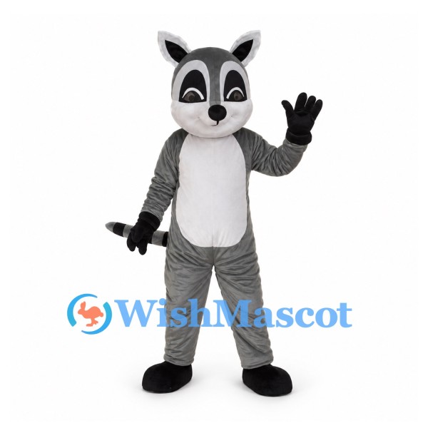 Raccoon Mascot Costume in Gray with Black Eye Mask and Striped Tail