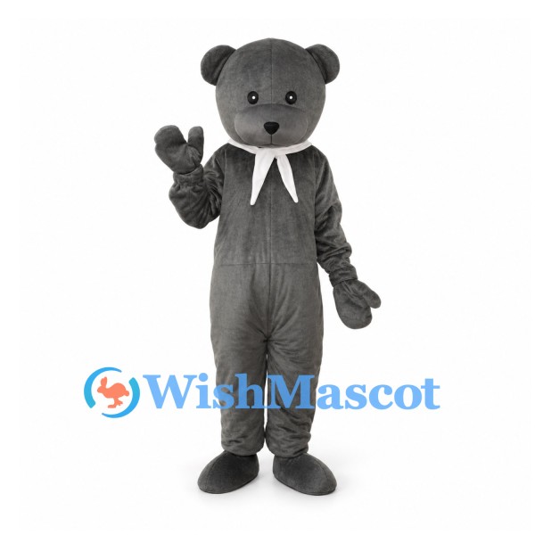 Bear Mascot Costume in Gray with White Neck Bow