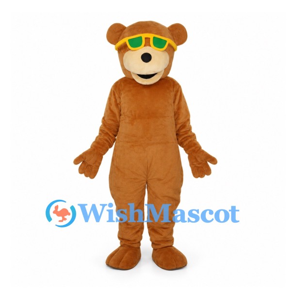 Bear Mascot Costume in Brown with Yellow Sunglasses