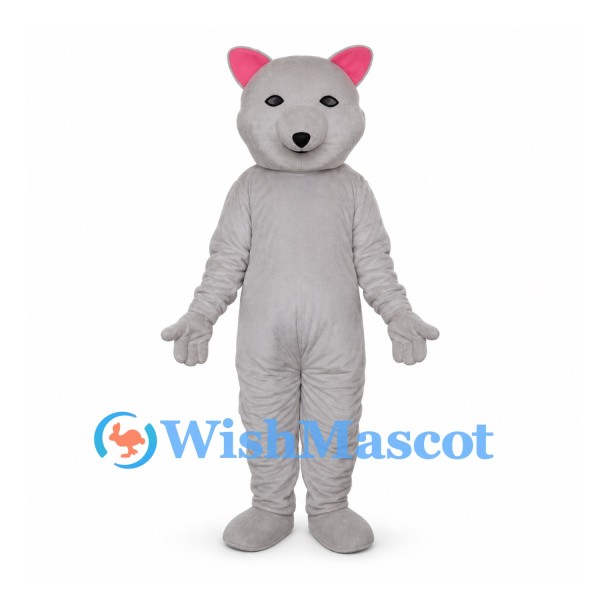 Bear Mascot Costume in Light Gray with Pink Inner Ears
