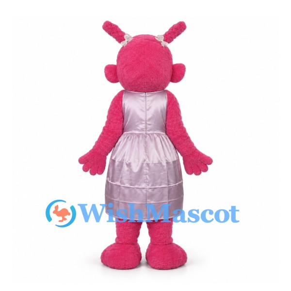 Pink Creature Mascot Costume with Long Ears and Lavender Dress