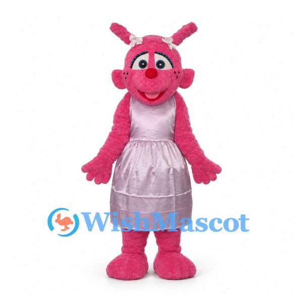 Pink Creature Mascot Costume with Long Ears and Lavender Dress