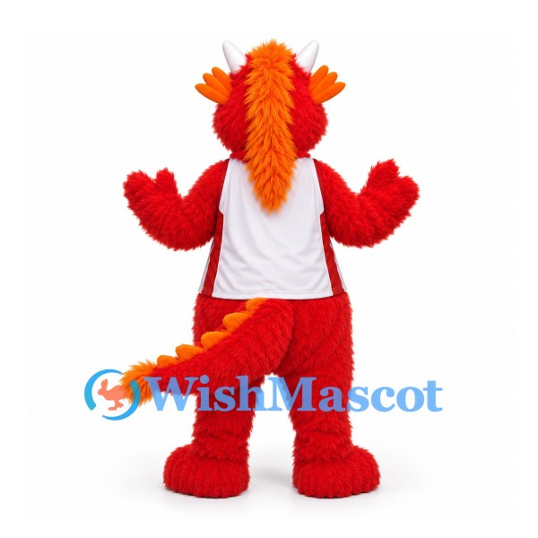 Dragon Mascot Costume in Red with Orange Spikes and White Shirt