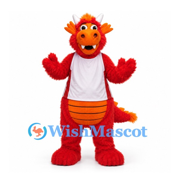 Dragon Mascot Costume in Red with Orange Spikes and White Shirt