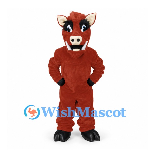 Boar Mascot Costume in Reddish Brown with Tusks and Black Hooves