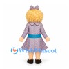 Girl Mascot Costume with Curly Blonde Hair and Patterned Dress