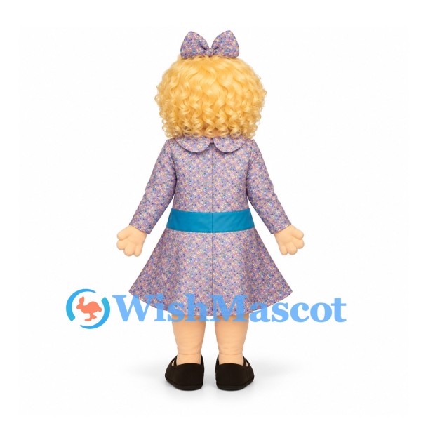 Girl Mascot Costume with Curly Blonde Hair and Patterned Dress