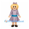 Girl Mascot Costume with Curly Blonde Hair and Patterned Dress