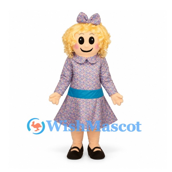 Girl Mascot Costume with Curly Blonde Hair and Patterned Dress