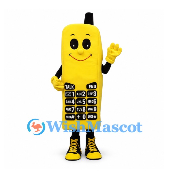Mobile Phone Mascot Costume in Yellow with Smiling Face and Keypad