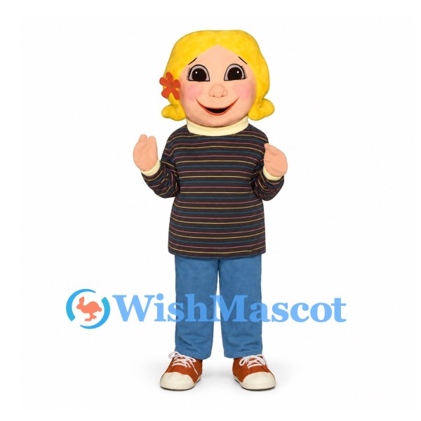 Girl Mascot Costume with Blonde Hair and Striped Shirt