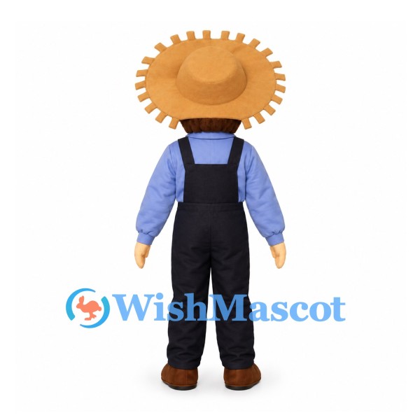 Farmer Mascot Costume with Straw Hat and Blue Shirt