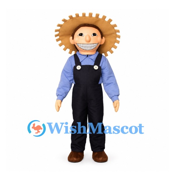 Farmer Mascot Costume with Straw Hat and Blue Shirt