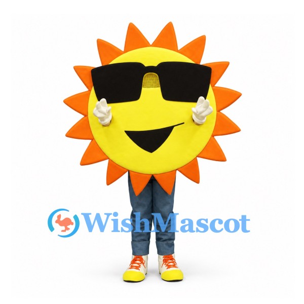 Sun Mascot Costume with Orange Rays and Black Sunglasses