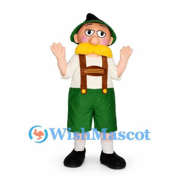 Bavarian Man Mascot Costume with Green Shorts and Feathered Hat